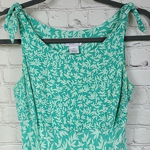 LOFT Sundress 2P Mint Green Shoulder Tie Leaf Print Sleeveless A-line F&F Dress - Picture 2 of 9